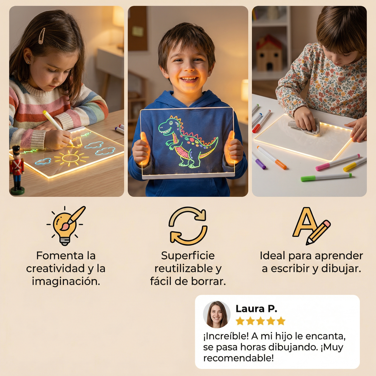Pizarra LED reutilizable para dibujo y escritura infantil