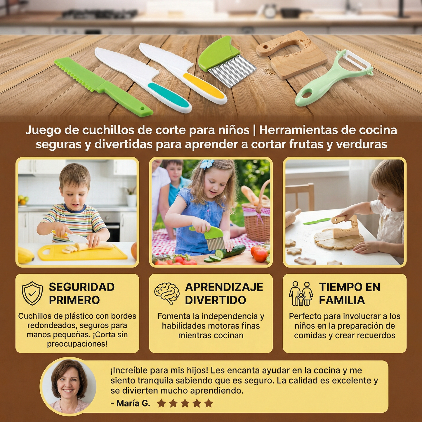 Kit de cuchillos seguros para niños en la cocina